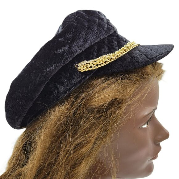 Vince Camuto Black Quilted Velvet Baker Boy Hat W/ Gold Chain Accent NWT - Picture 14 of 14